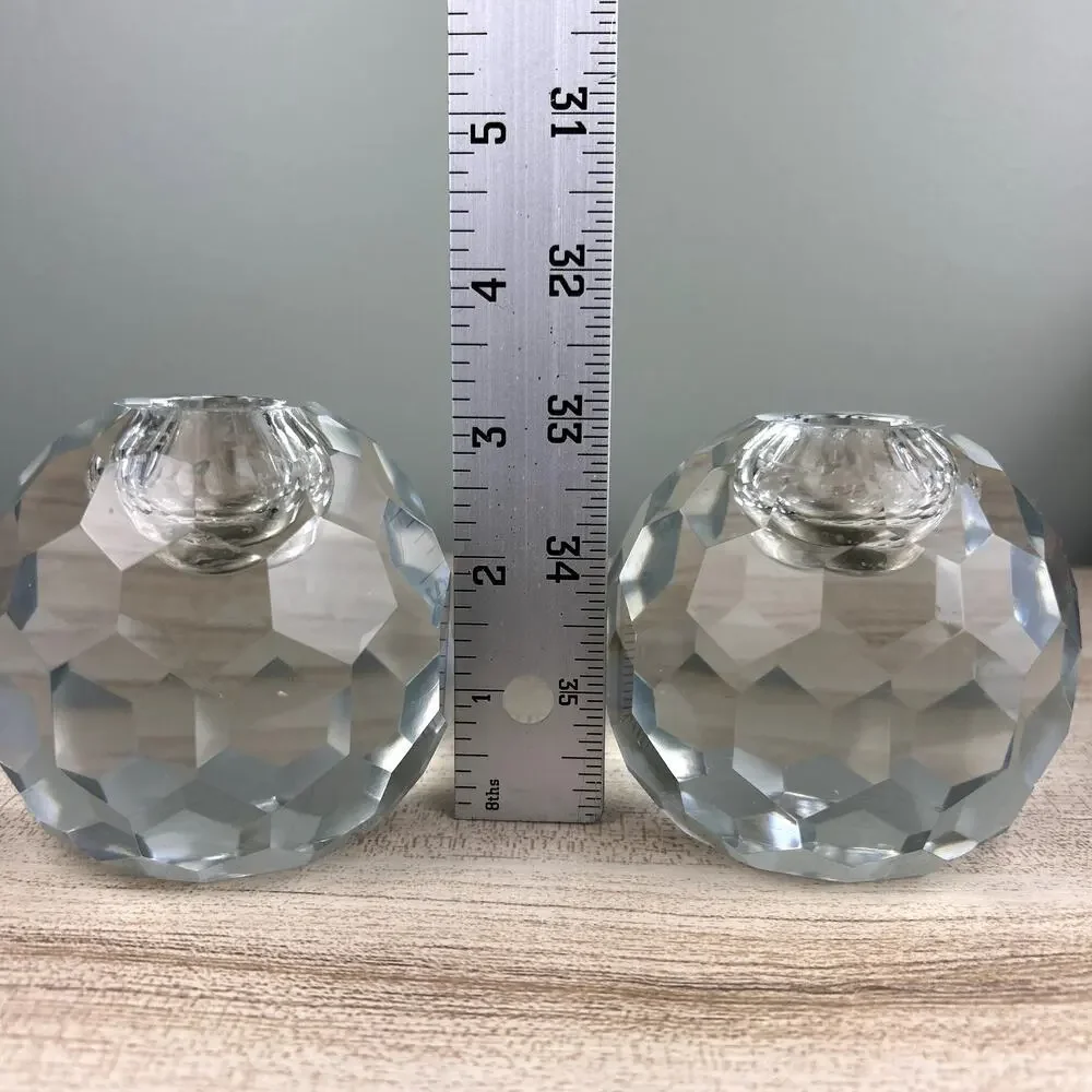 Vintage Faceted Spherical Glass Candlestick Holder Honeycomb Set of 2